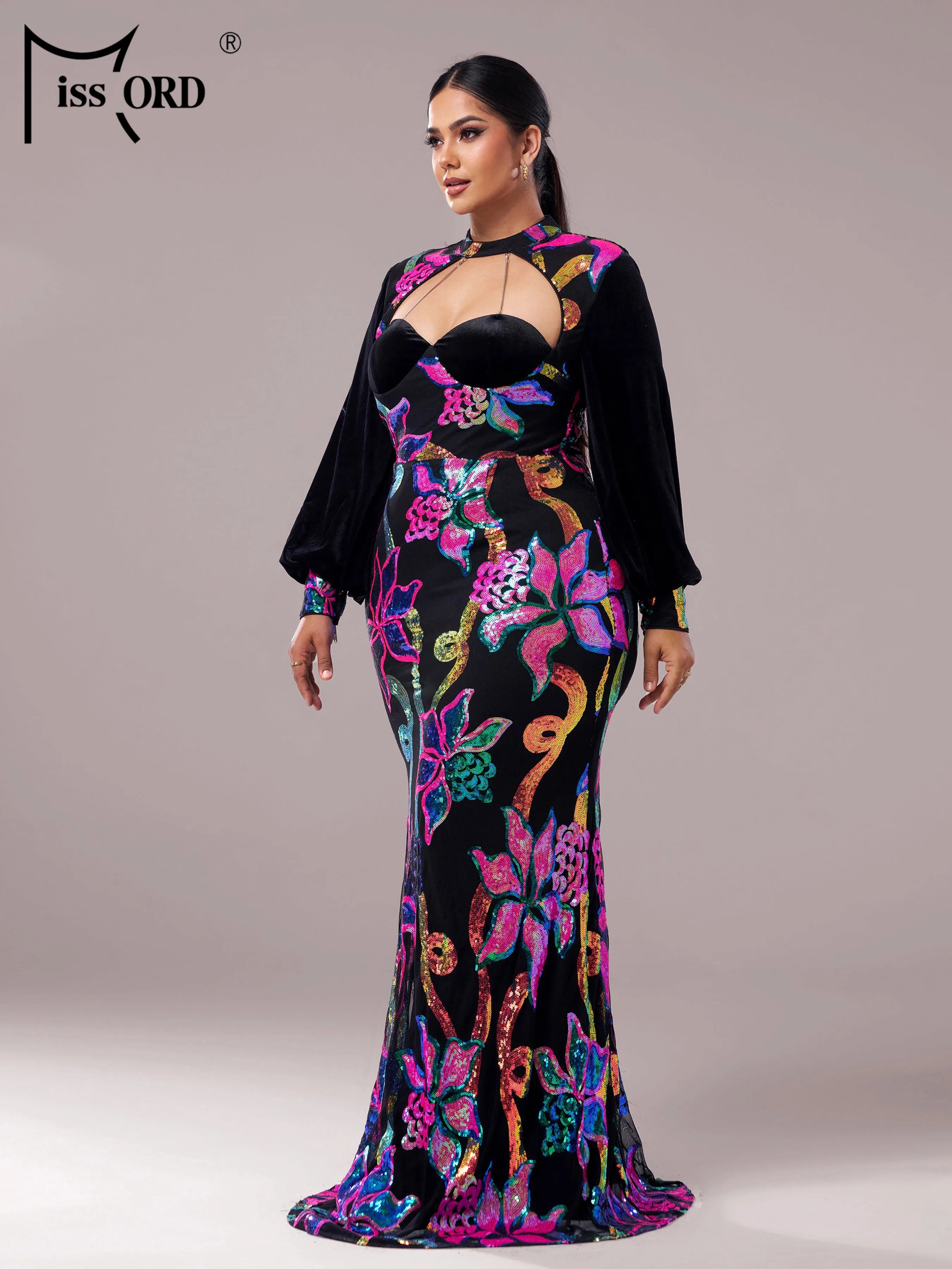 FZ Women's Plus Size Floral Round Neck Long Sleeved Sequin Mermaid Evening Dress
