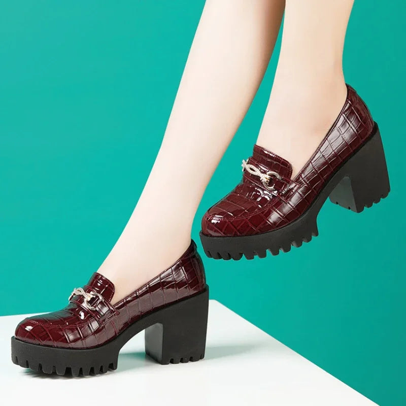 FZ Women's Rhinestone Waterproof Platform Thick Sole Leather Shoes