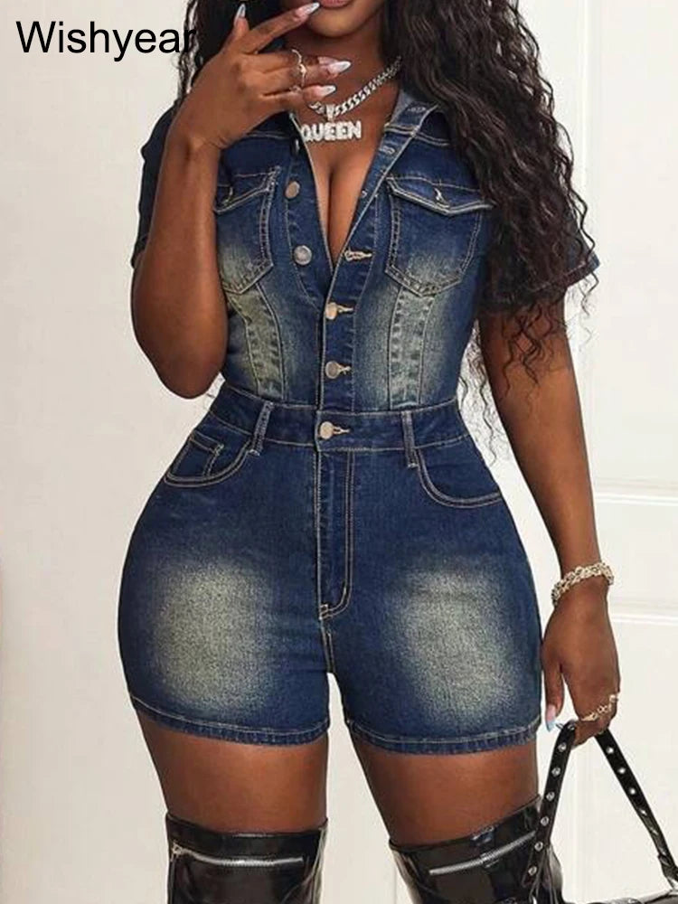 FZ Women's Short Sleeve Buttons One Piece Streetwear Shorts Denim Jumpsuit
