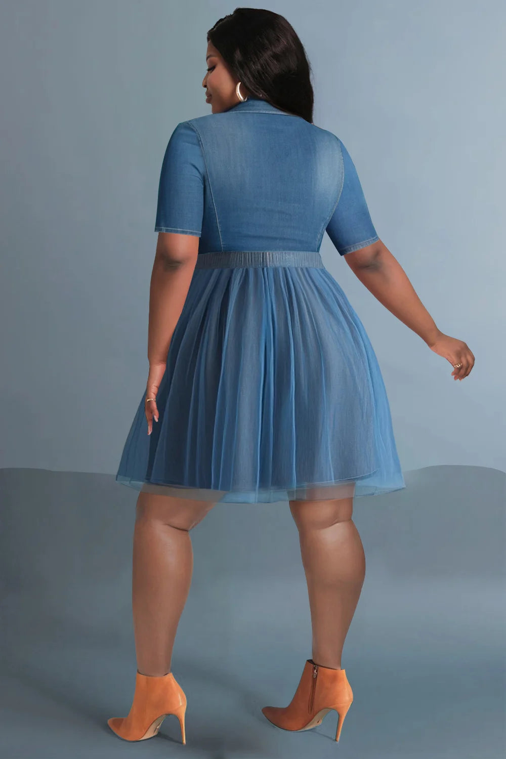 FZ Women's Plus Size Shirt Collar Short Sleeve Contrast Tulle Denim Dress