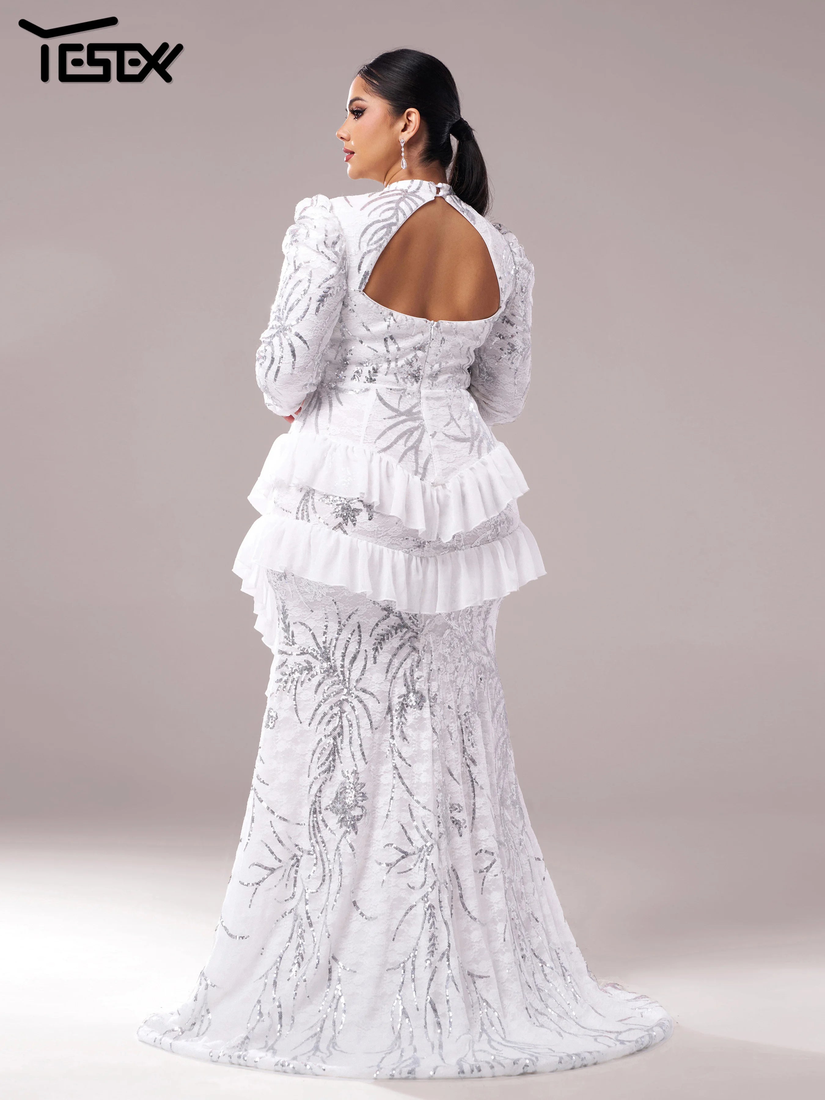 FZ Women's Plus Size Round Neck Long Sleeved Split Evening Dress