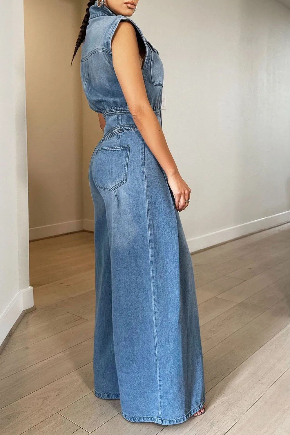 FZ Women's Plus Size Turn Down Collar Wide Leg High Waist Streetwear Denim Jumpsuit - FZwear