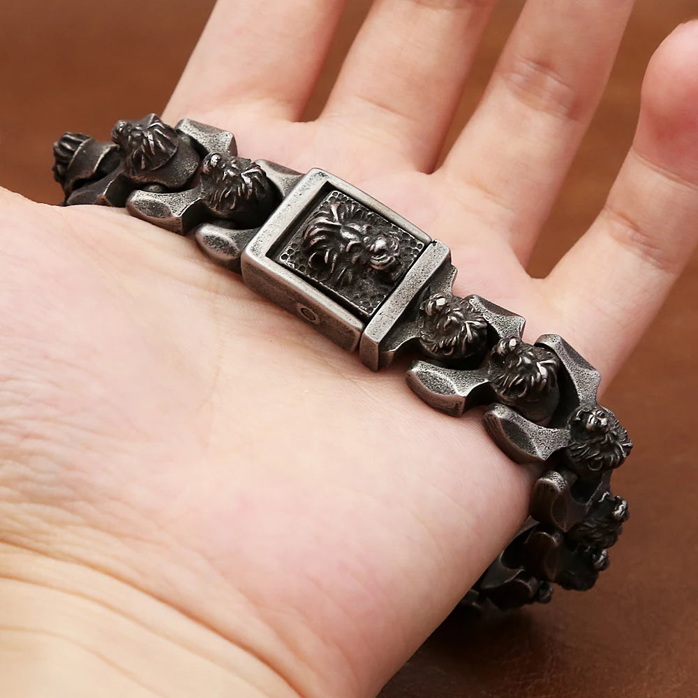 FZ Vintage Stainless Steel Black Punk Hip Hop Lion Head Bracelet