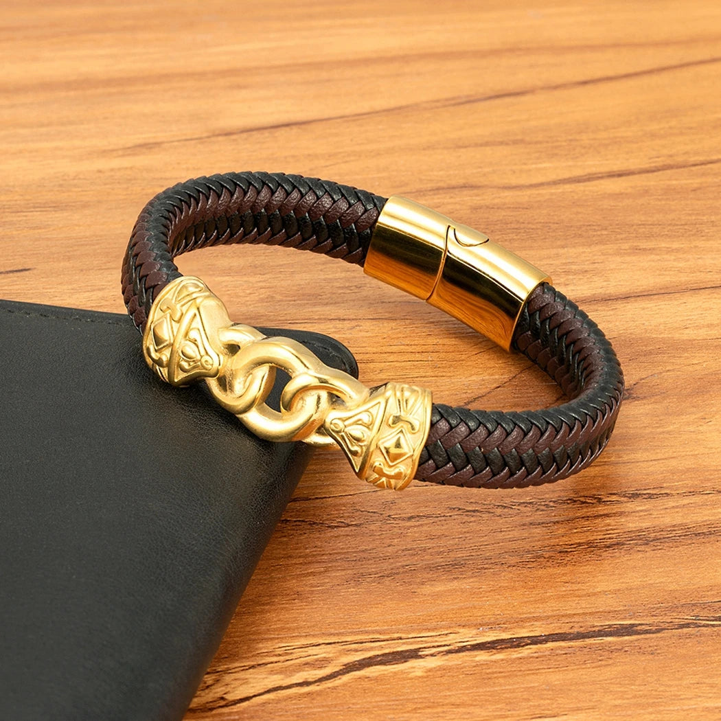 FZ Men's Stainless Steel Interlocking Leather Braided Bracelets