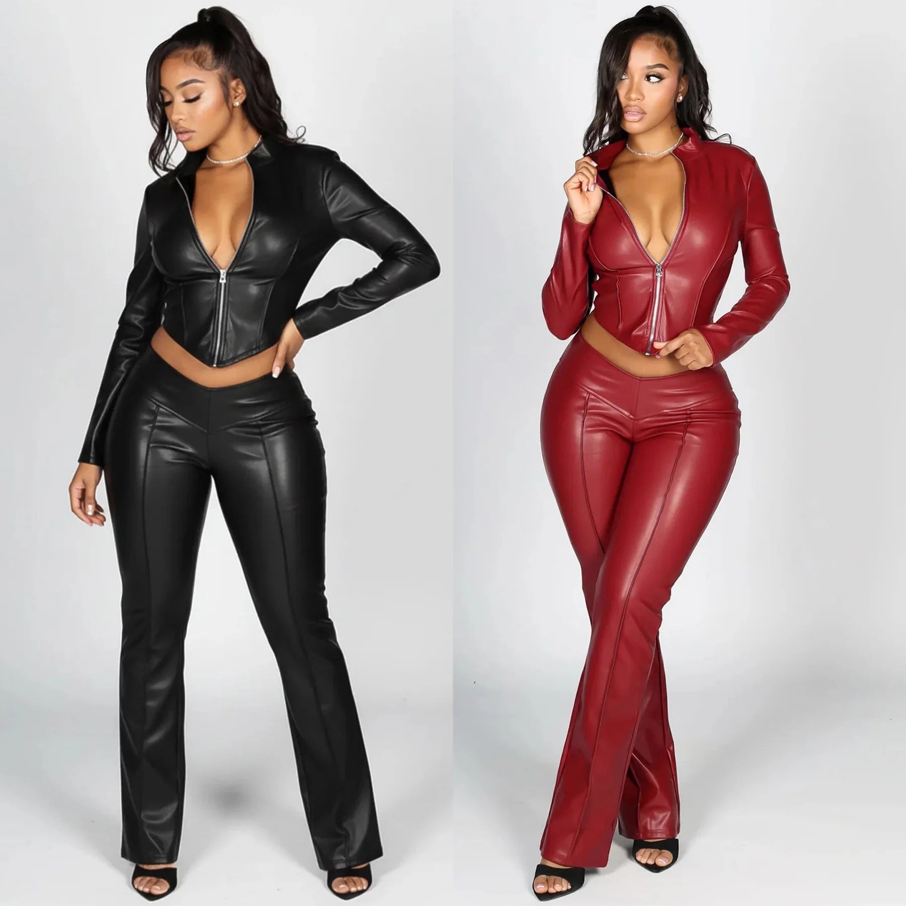 FZ Women's Y2K Streetwear Leather 2 Piece Pant Suit