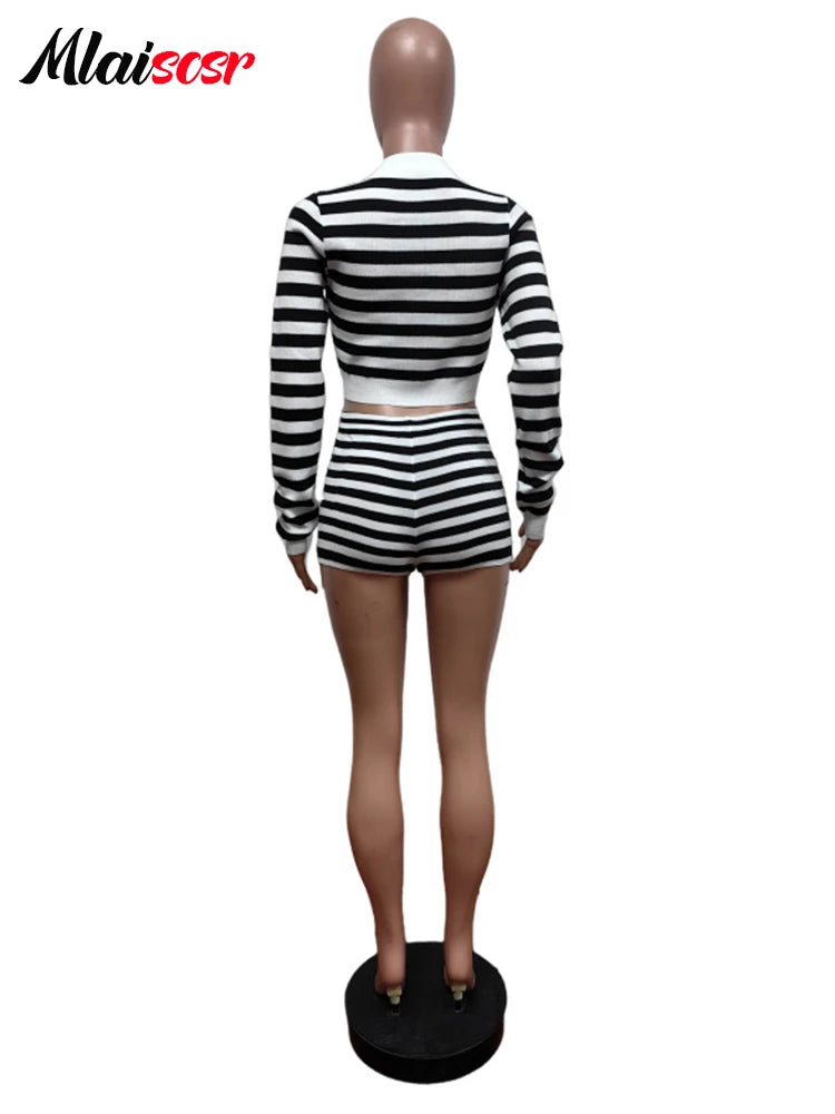 FZ Women's Knitting Black White Striped 2 Pieces Shorts Suit