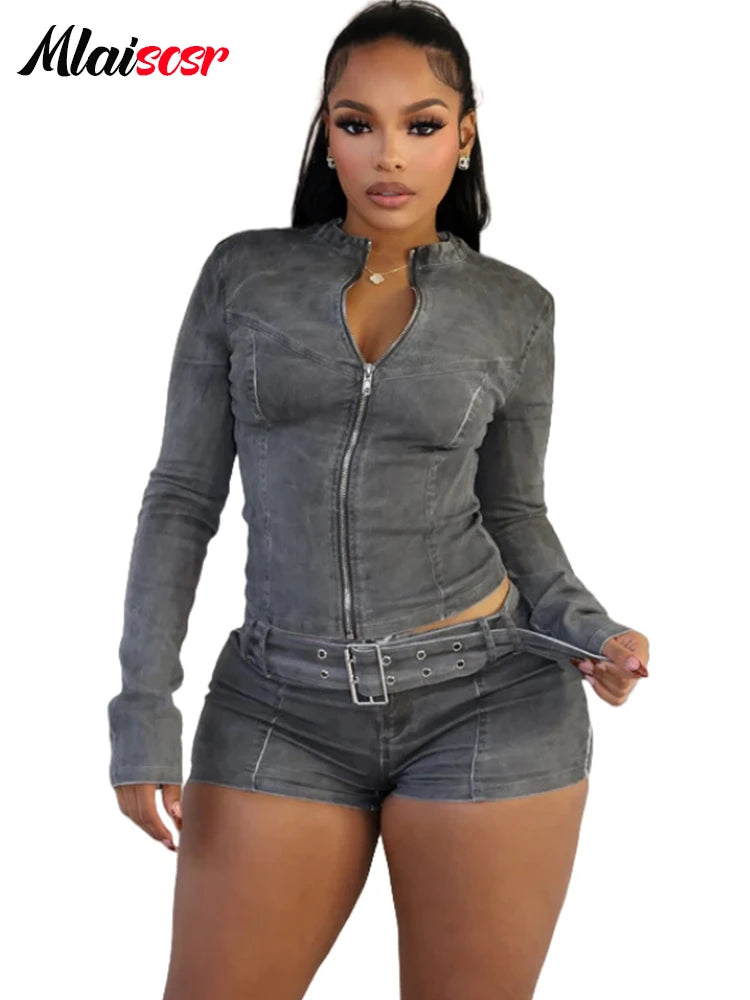 FZ Women's Jeans with Belt Two Pieces Streetwear Denim Shorts Suit