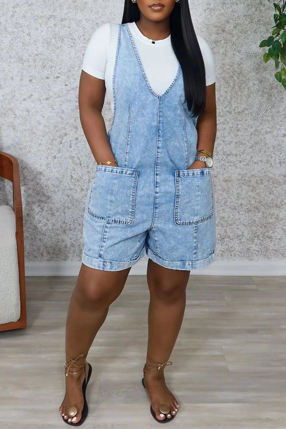 FZ Women's Plus SizeCasual V Neck Pocket Denim Jumpsuit