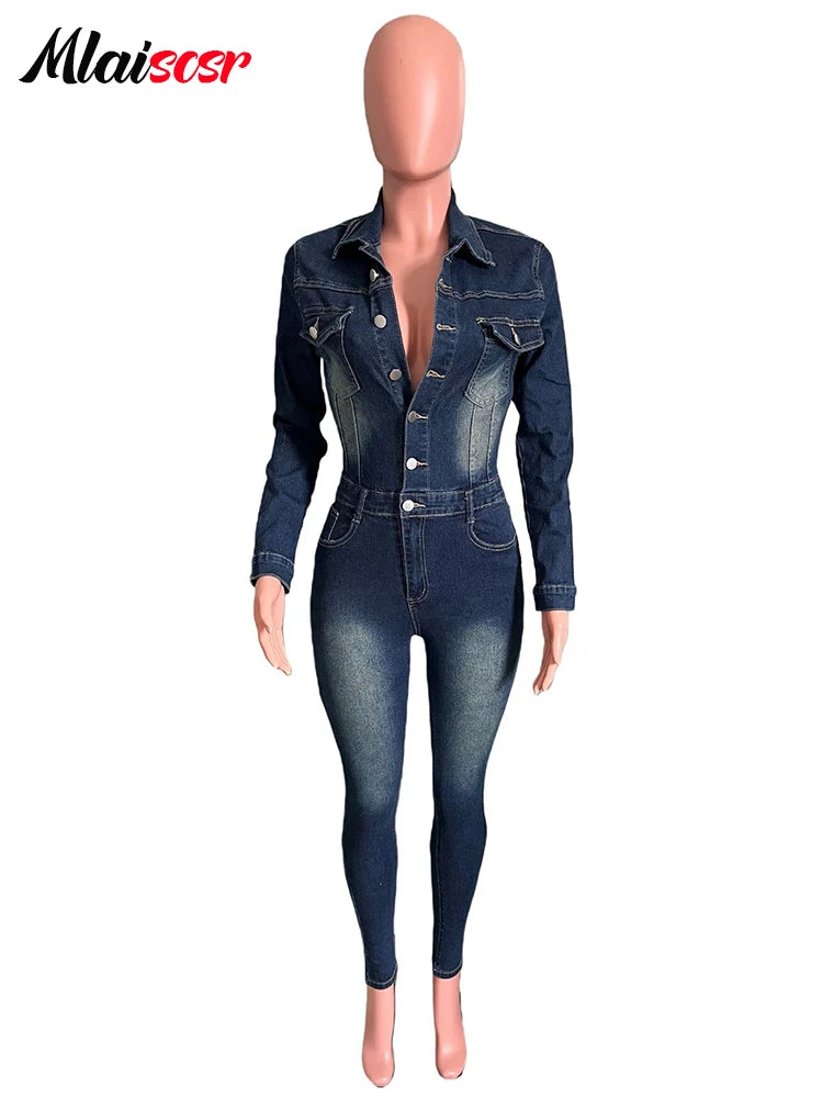 FZ Women's One Piece Turn Down Collar Pencil Foot Denim Jumpsuit