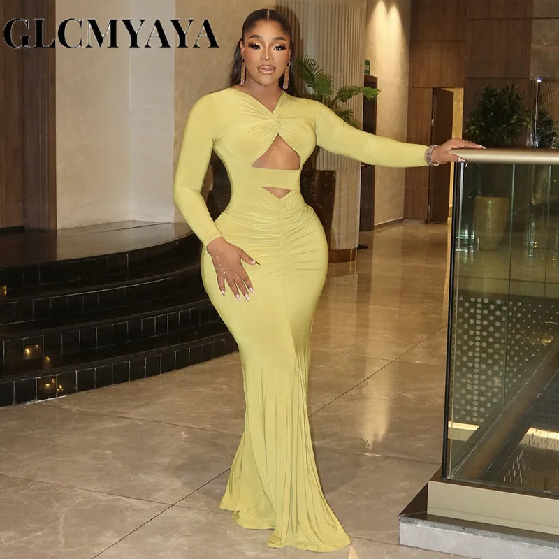 FZ Women's V-neck Hollow Out Long Sleeve Ruched Maxi Dress