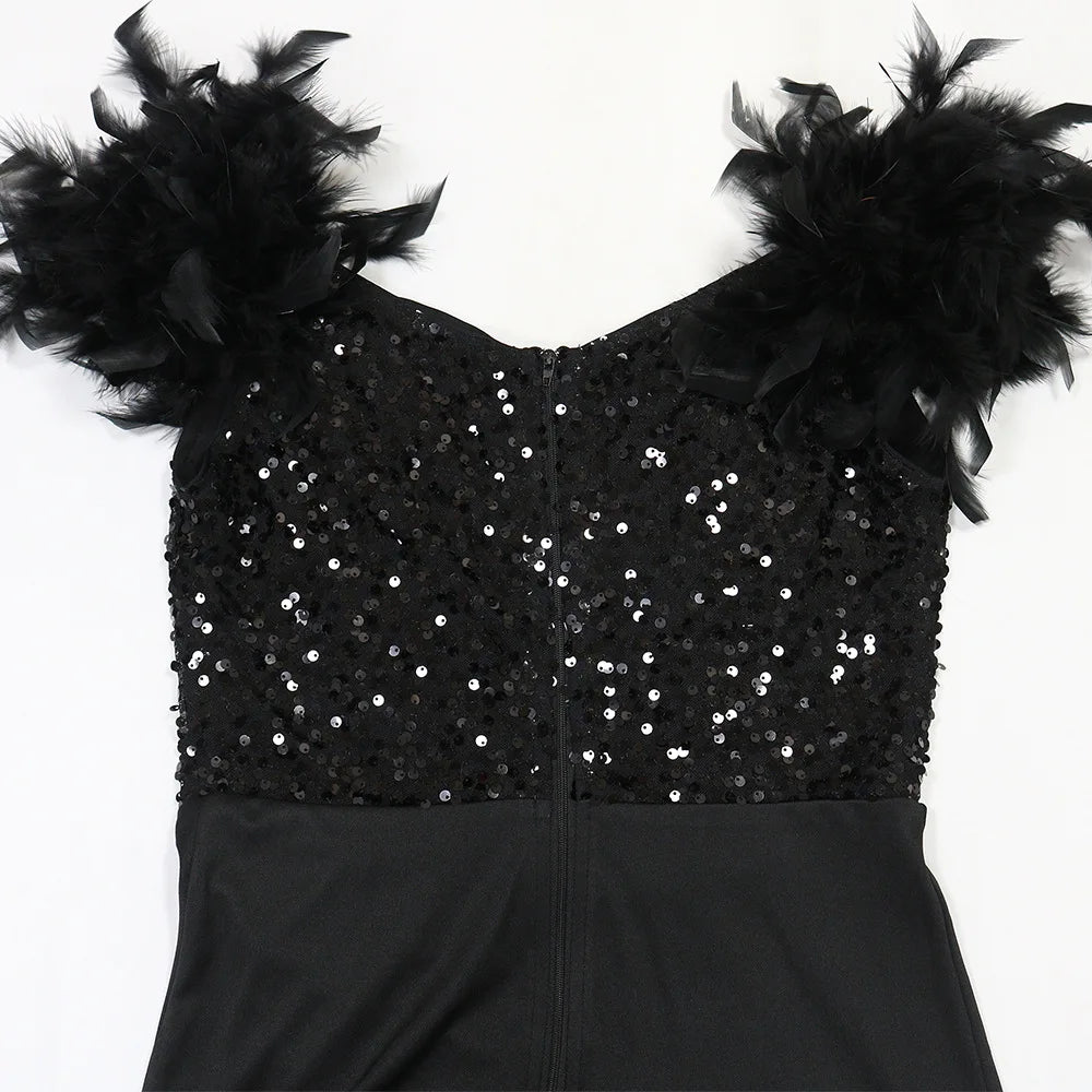 FZ Women's Sequin Feather Shoulders Mermaid Evening Dress