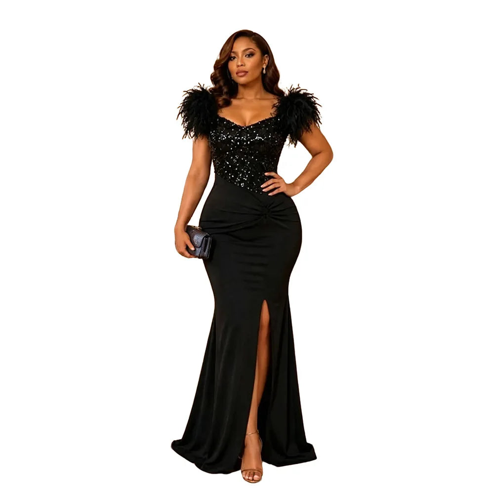FZ Women's Sequin Feather Shoulders Mermaid Evening Dress