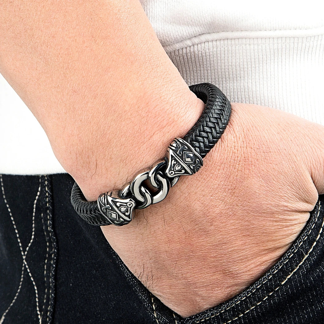FZ Men's Stainless Steel Interlocking Leather Braided Bracelets
