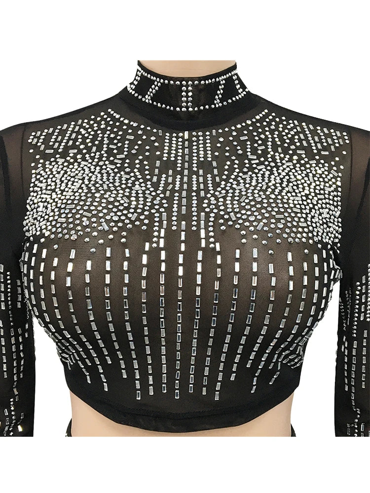 FZ Women's Sexy Crystal Two Piece Mesh Long Skirt Suit - FZwear