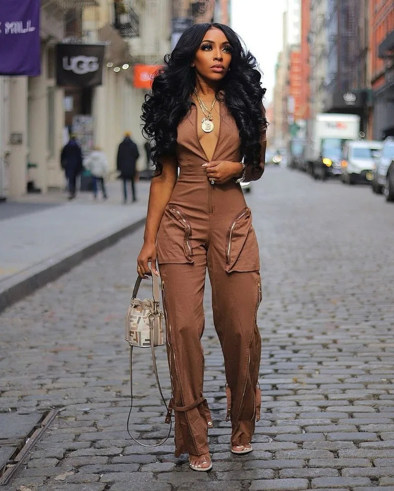 FZ Women's Cargo Turn Down Collar Streetwear Overalls Fashion Sexy Jumpsuit - FZwear