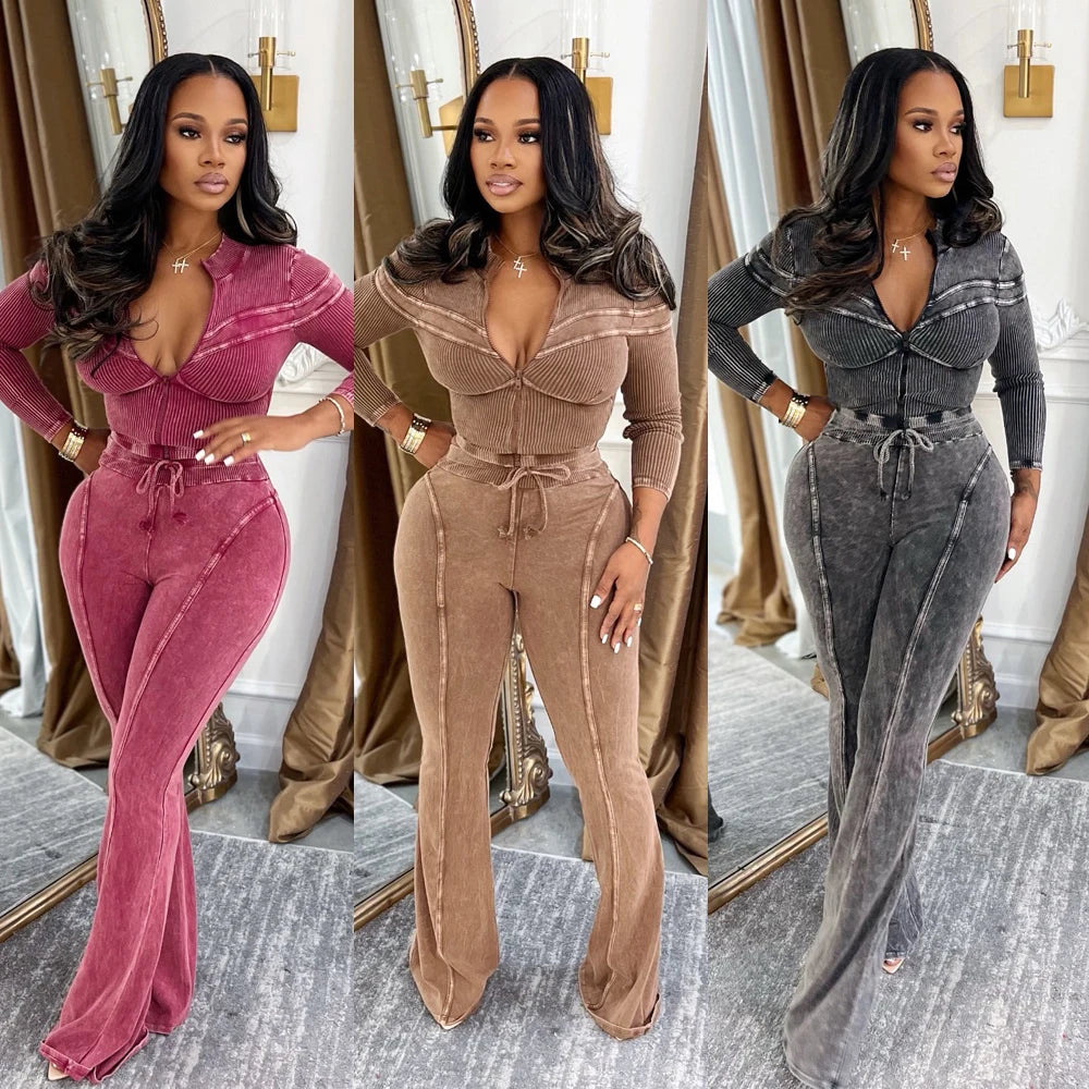 FZ Women's Acid Washed Long Sleeve Zip Flare Pants Suit