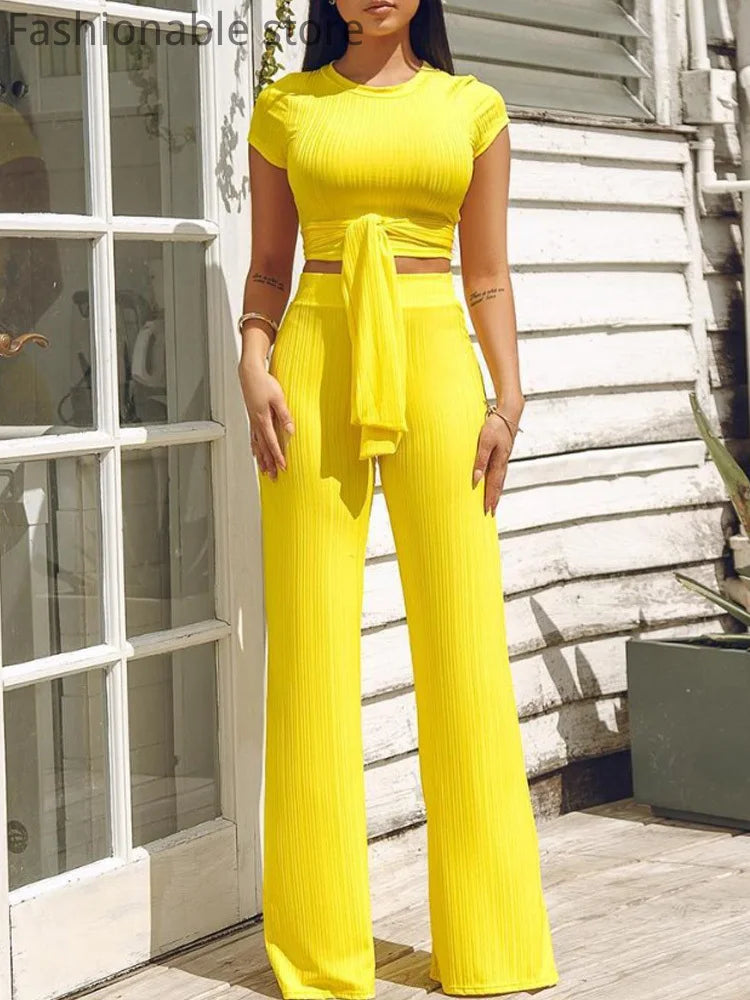 FZ Women's Tied Detail Crop Top & Wide Leg Pants Suit - FZwear