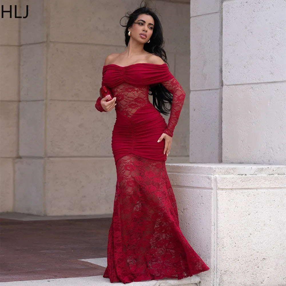 FZ Women's Lace See Through Patchwork Off Shoulder Long Sleeves Evening Dress