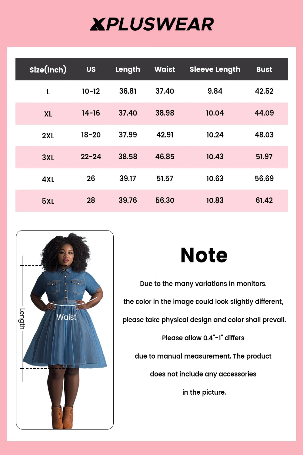 FZ Women's Plus Size Shirt Collar Short Sleeve Contrast Tulle Denim Dress