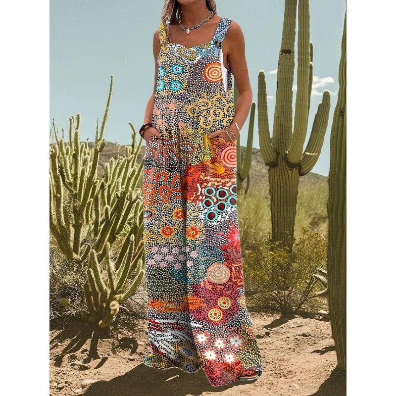 FZ Women's Vintage Flower Daisy Print Casual Strap Wide Leg Jumpsuit - 2 - FZwear