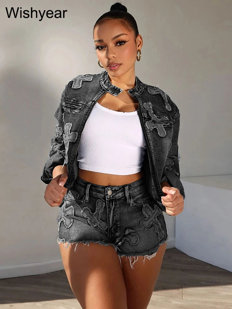 FZ Women's Embroidery Tassel Two Piece Denim Pants Suit - FZwear