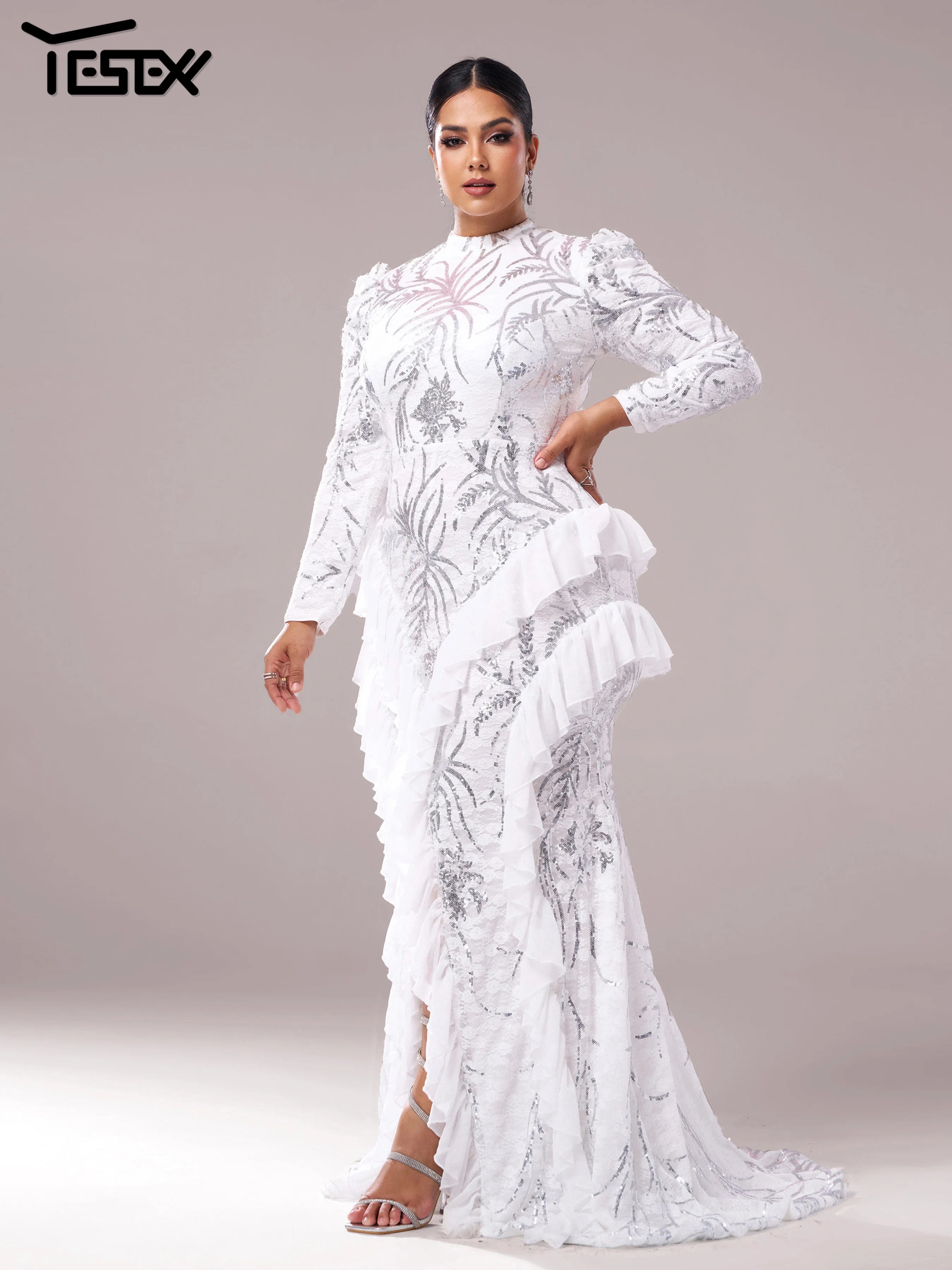 FZ Women's Plus Size Round Neck Long Sleeved Split Evening Dress