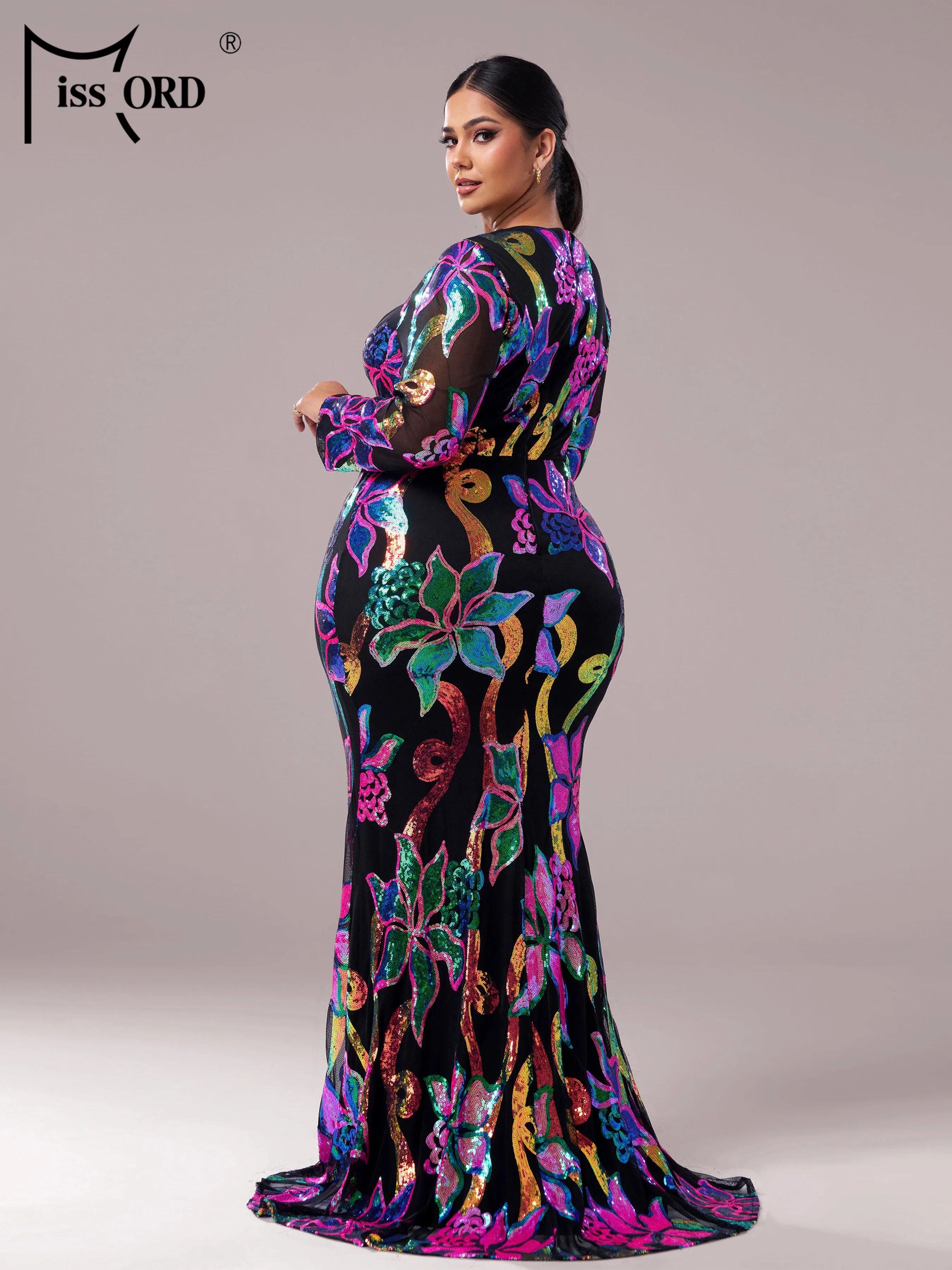 FZ Women's Plus Size Floral Round Neck Long Sleeved Sequin Mermaid Evening Dress