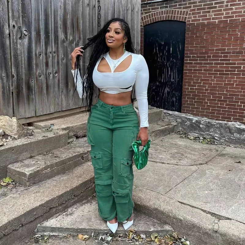 FZ Women's High Waist Loose Straight Denim Cargo Pants - FZwear