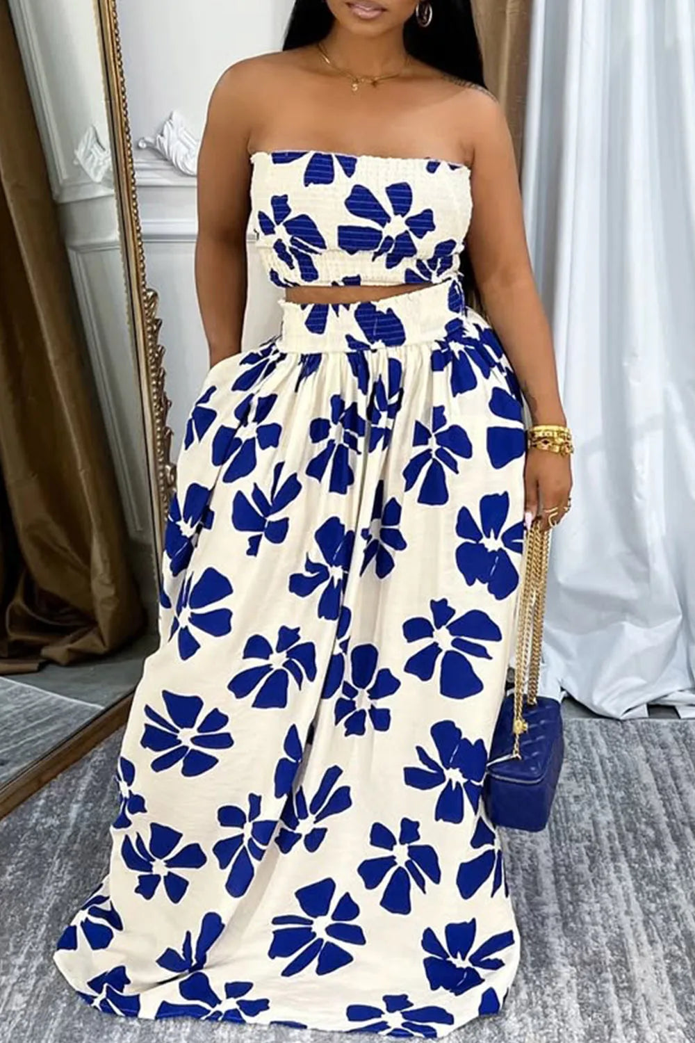 FZ Women's Plus Size Graphic Pocket Smocking Two Piece Skirt Suit