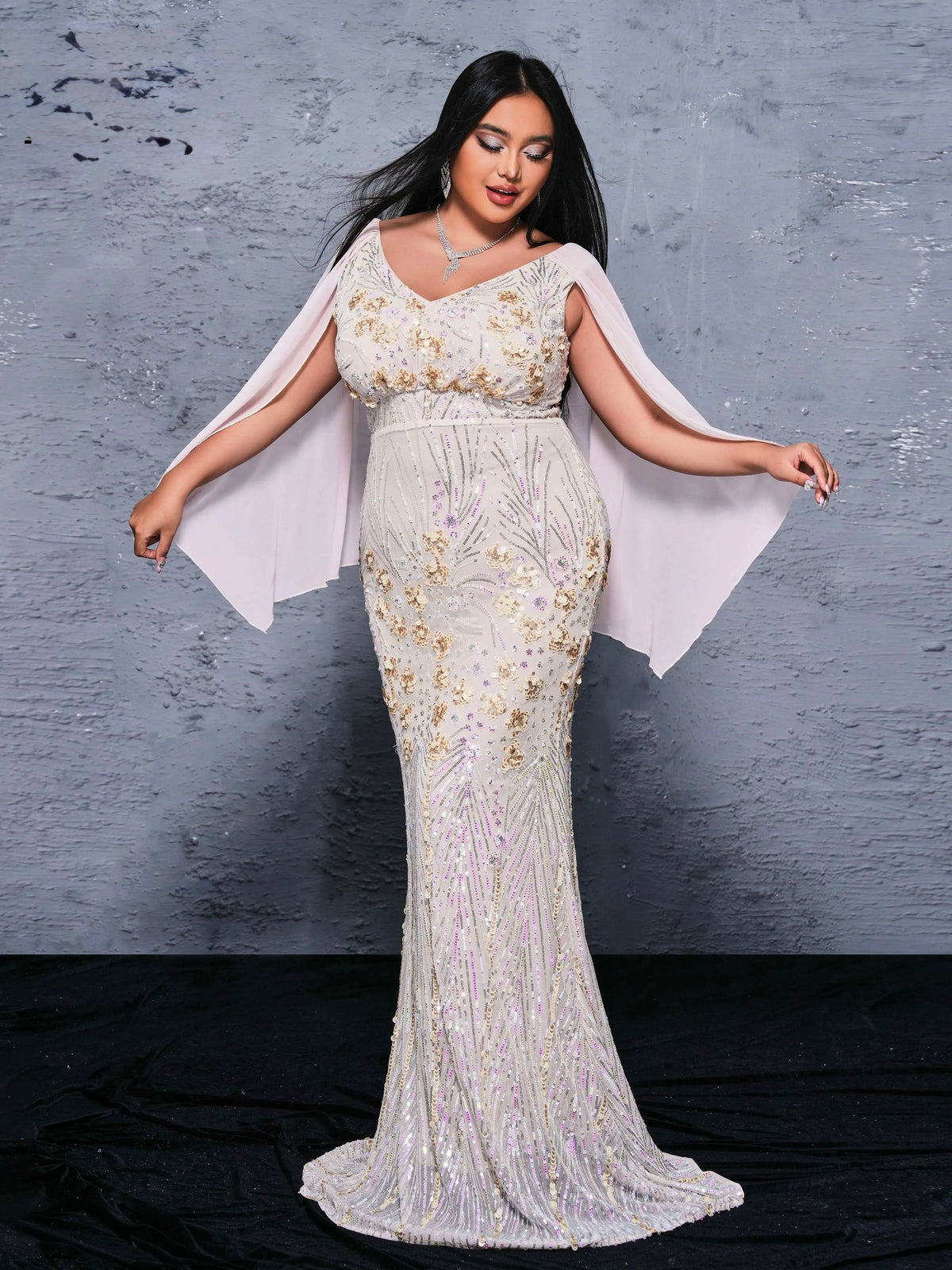 FZ Women's Plus Size V Neck Sequin Mermaid Floor Length Evening Dress