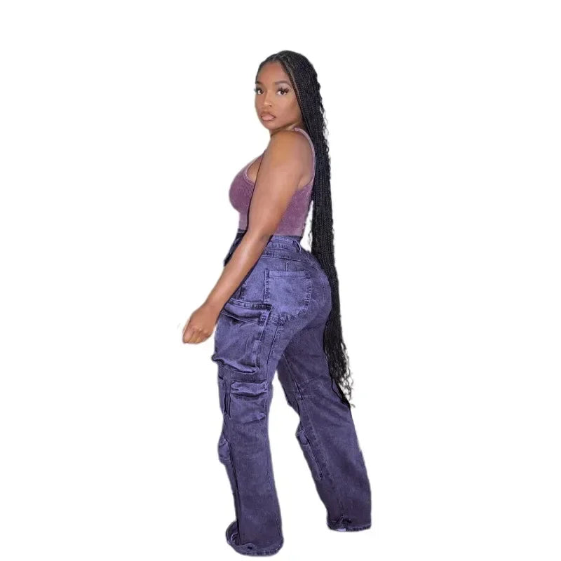 FZ Women's Fashion Elastic High Waist Button Fly Denim Cargo Pants - FZwear