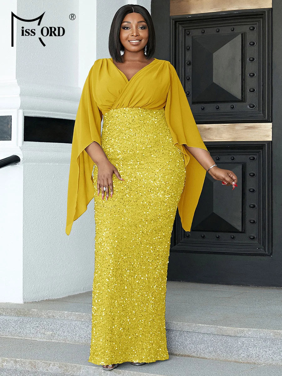 FZ Women's Plus Size V Neck Flare Sleeve Evening Dress