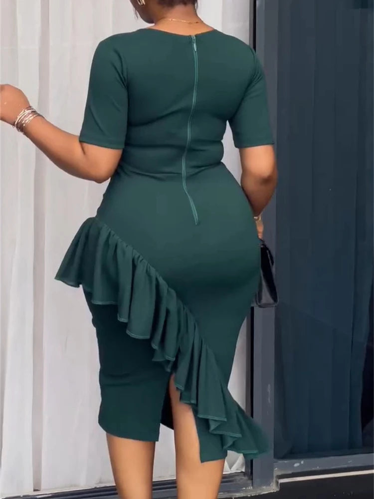 FZ Women's Asymmetrical Neck Short Sleeves Ruffles Cocktail Midi Dress
