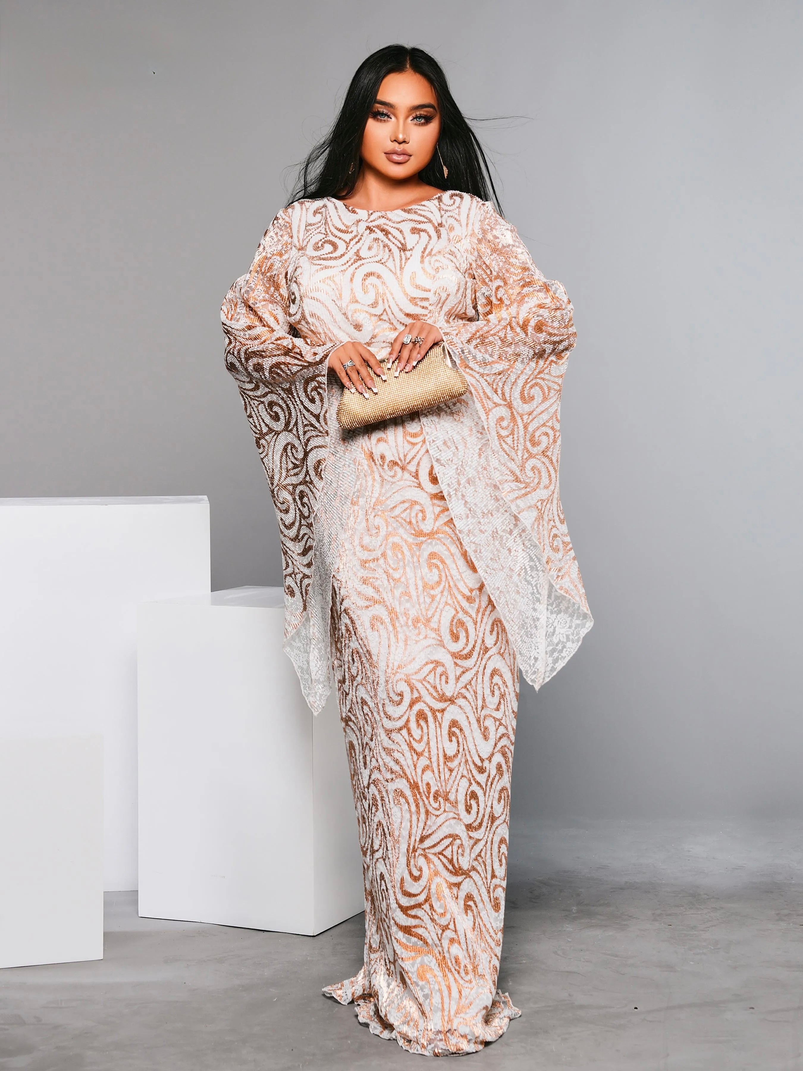 FZ Women's Plus Size Round Neck Flare Sleeve Geometric Sequin Evening Dress