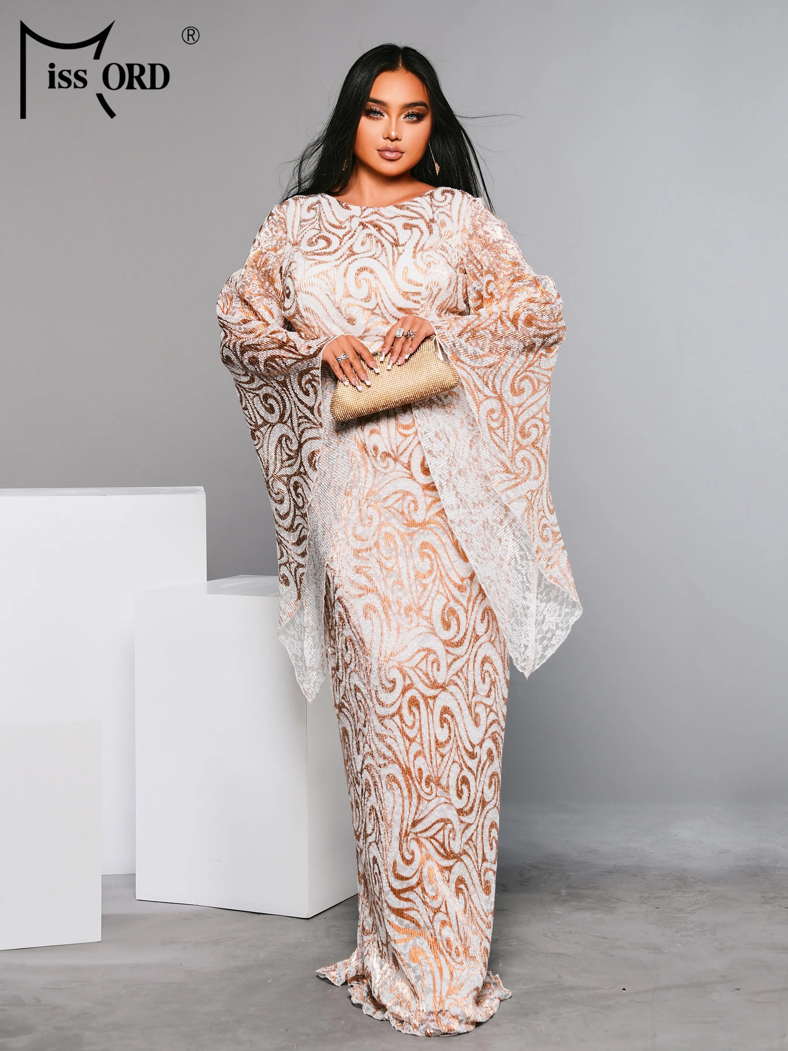 FZ Women's Plus Size Round Neck Flare Sleeve Geometric Sequin Evening Dress