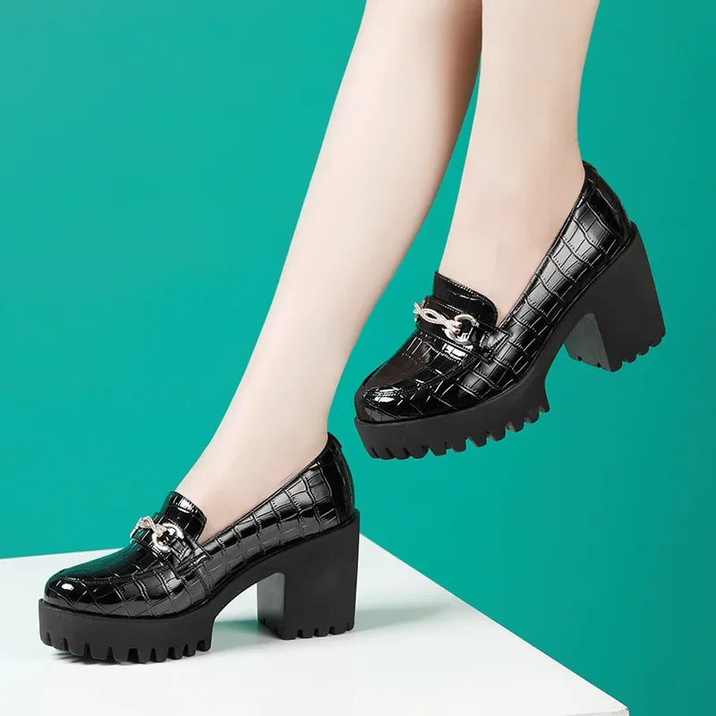 FZ Women's Rhinestone Waterproof Platform Thick Sole Leather Shoes