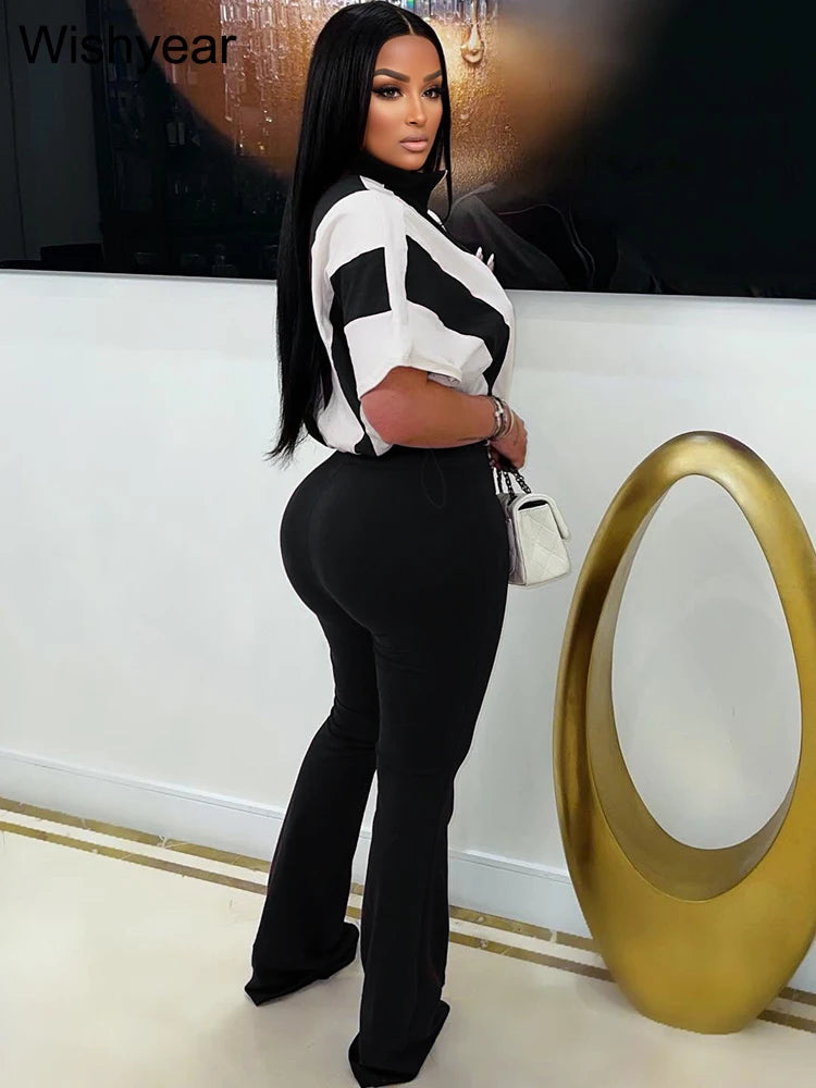 FZ Women's Vintage Cotton Patchwork Short Sleeve Flare Bottom Two Piece Pants Suit