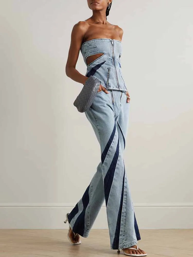FZ Women's Slim Strapless Backless Hollow Out Denim Pants Suit
