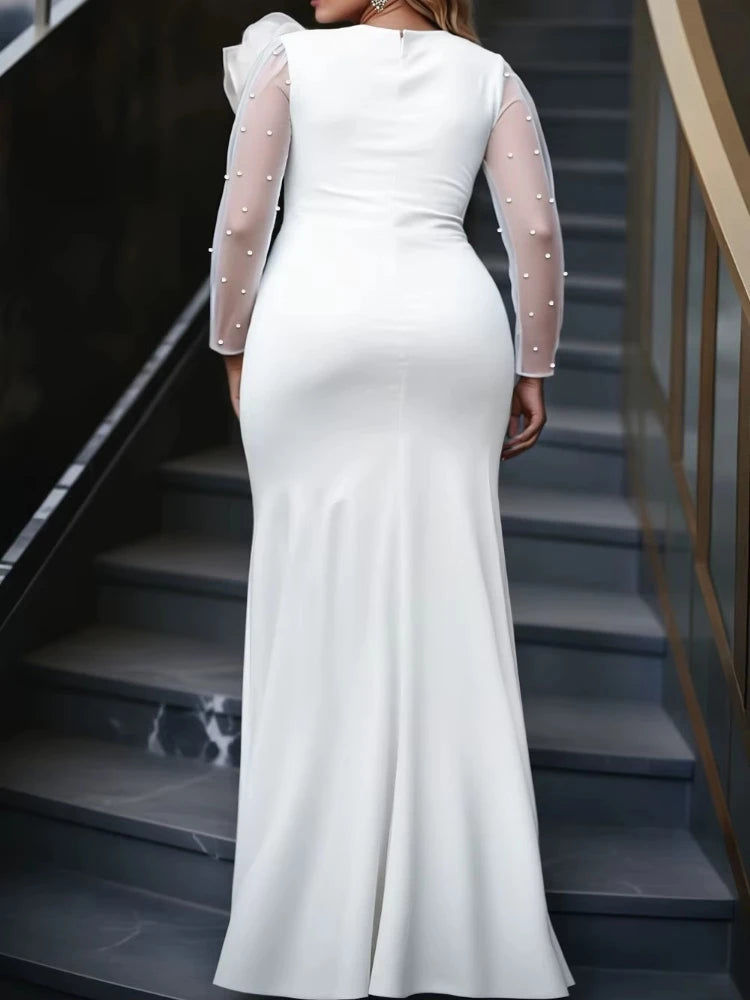 FZ Women's Pearl Sheer 3D Flower Package Hip High Slit Evening Dress