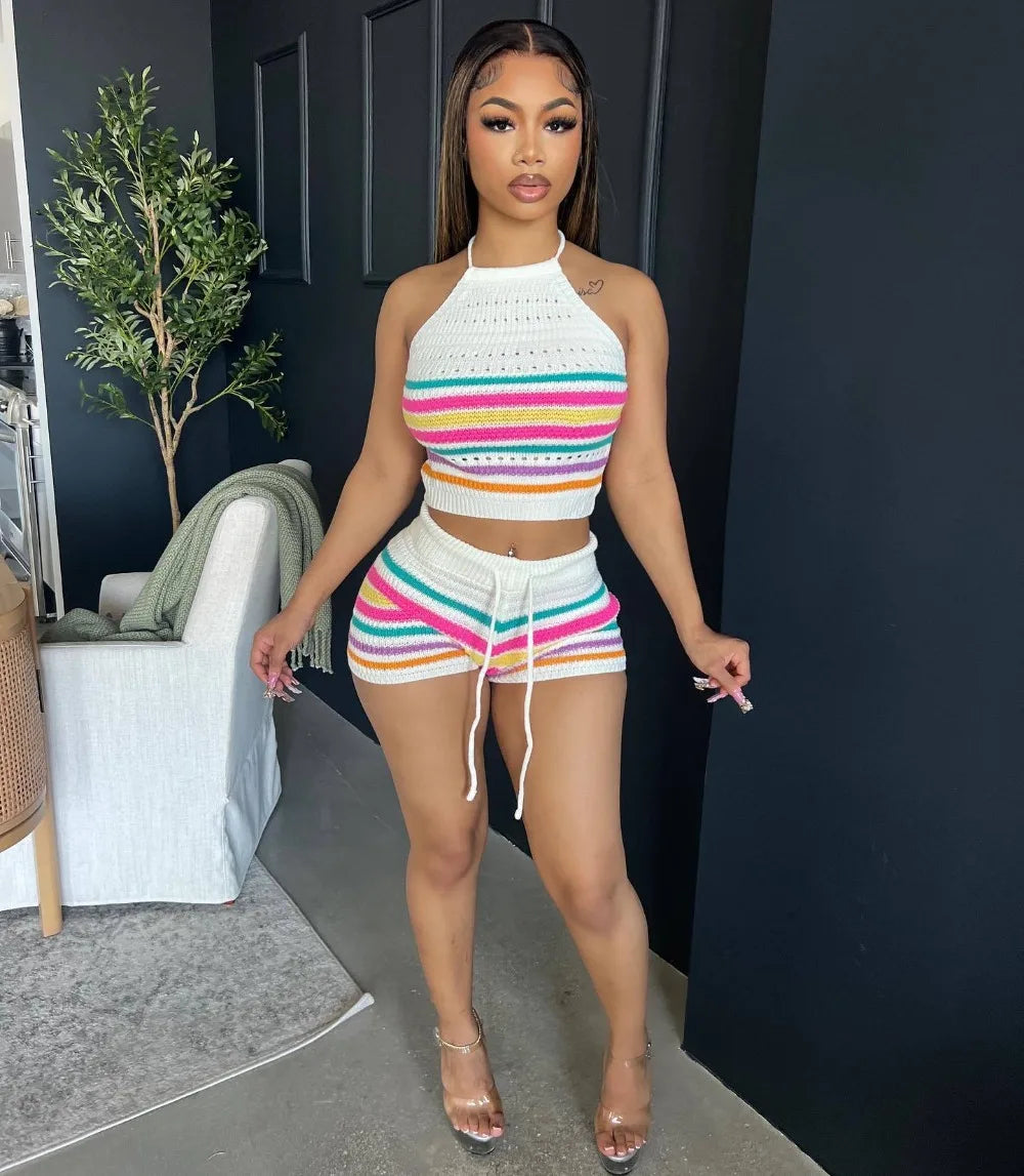FZ Women's Sweet Stripe Print Knitting Two Piece Backless Shorts Suit - FZwear
