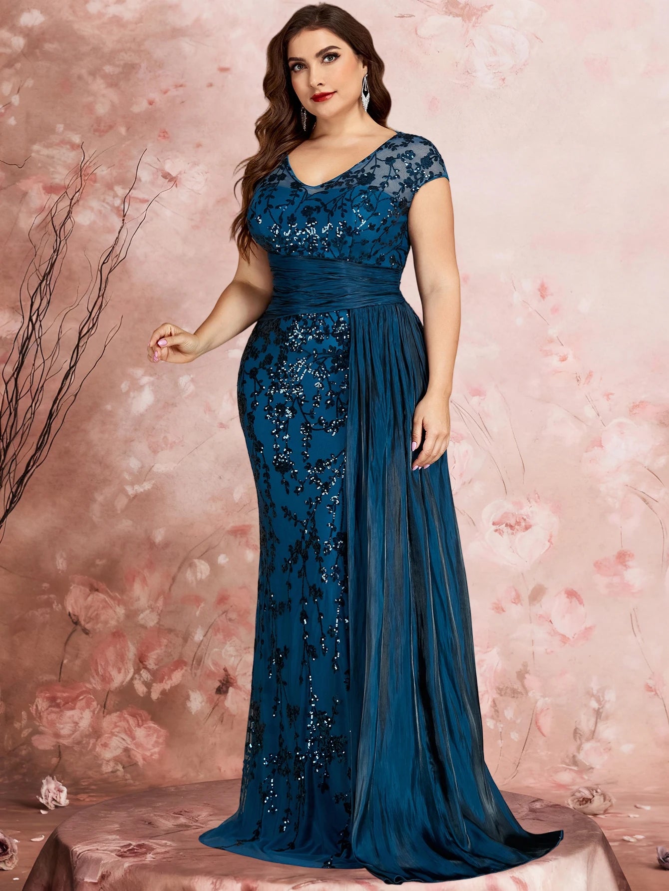 FZ Women's Plus Size Cap Sleeves Sequins Patchwork Evening Dress