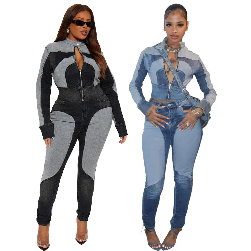 FZ Women's Two Tone Streetwear Washed 2 Piece Denim Pants Suit