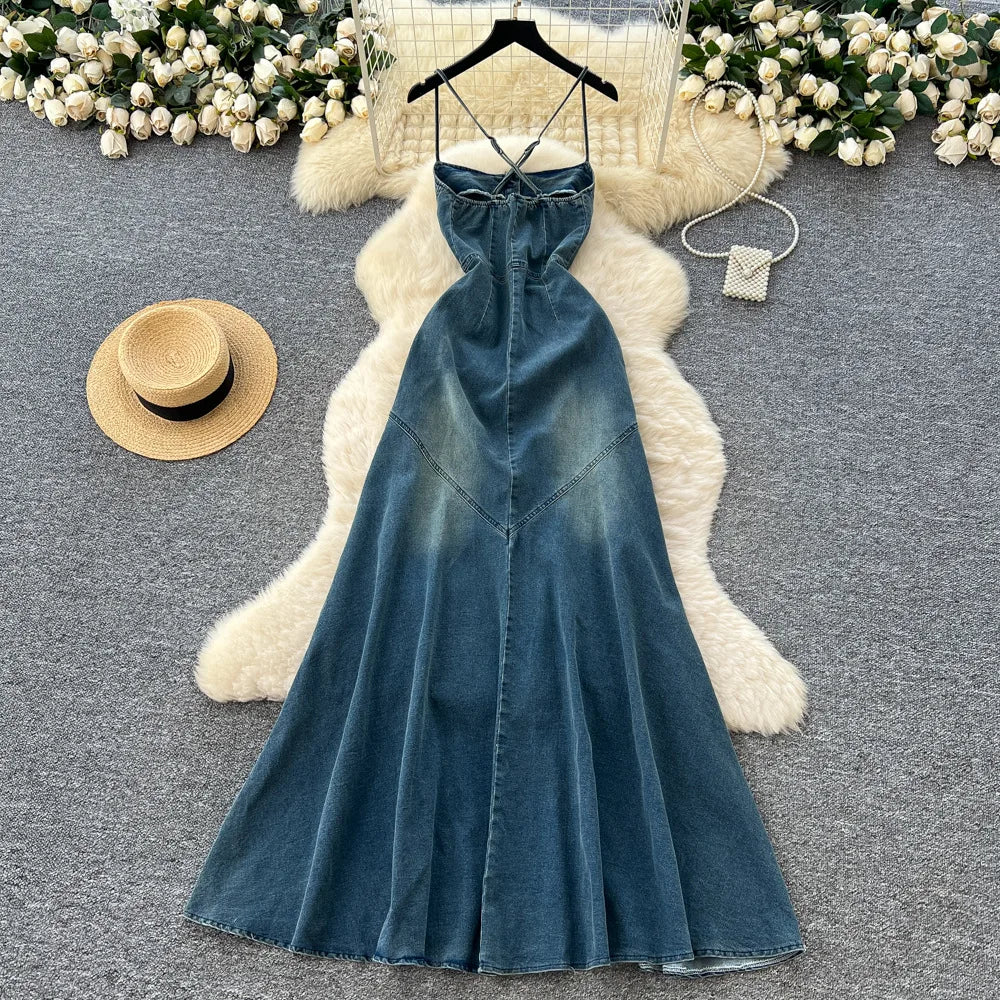 FZ Women's Sling Strapless A Line Streetwear Sleeveless Denim Dress