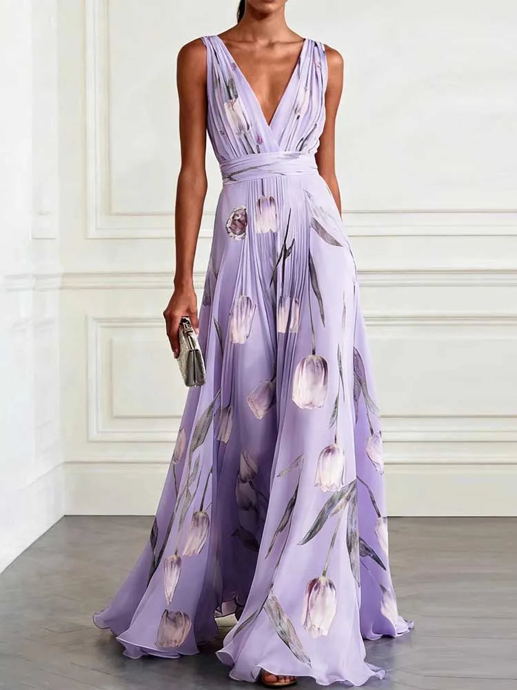 FZ Women's Chic Deep V-neck Sleeveless Floral Sundress