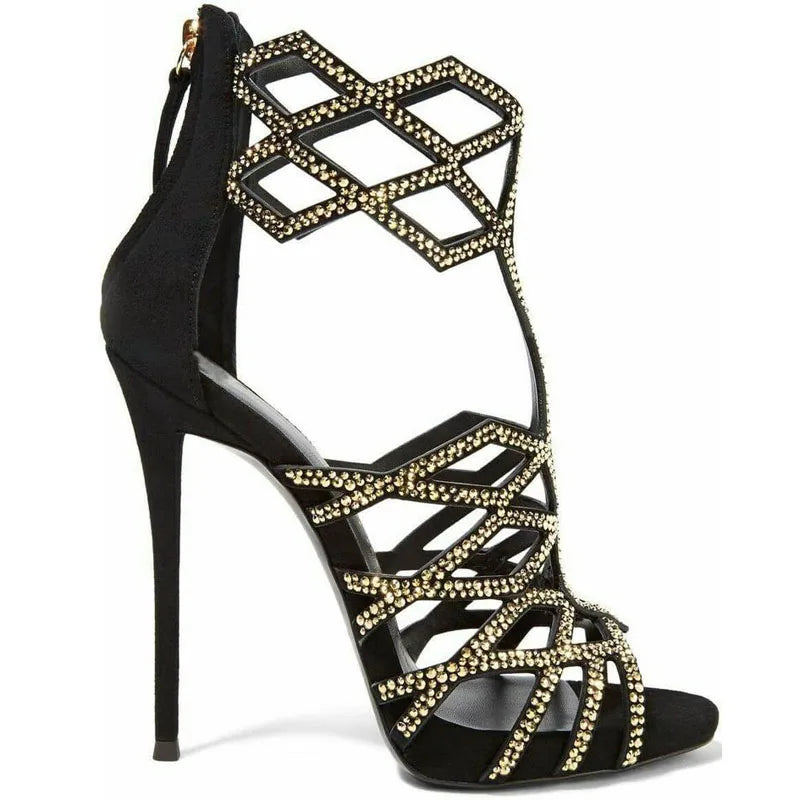 FZ Women's Small Crystal Rhombic Cut out Rhinestone Grid Gladiator Open Toe Shoes