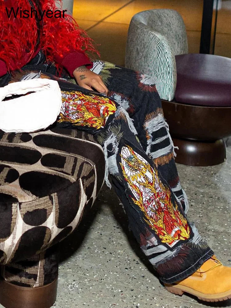 FZ Women's Embroidery Print Hole Stretch Cargo Denim Pants DSers