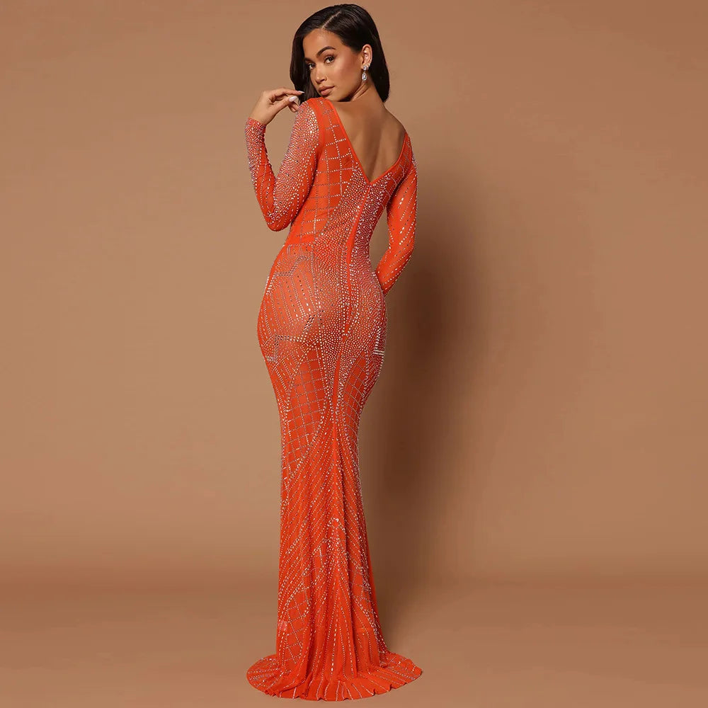 FZ Women's V-Neck Full Sleeve Deep Evening Maxi Dress - FZwear