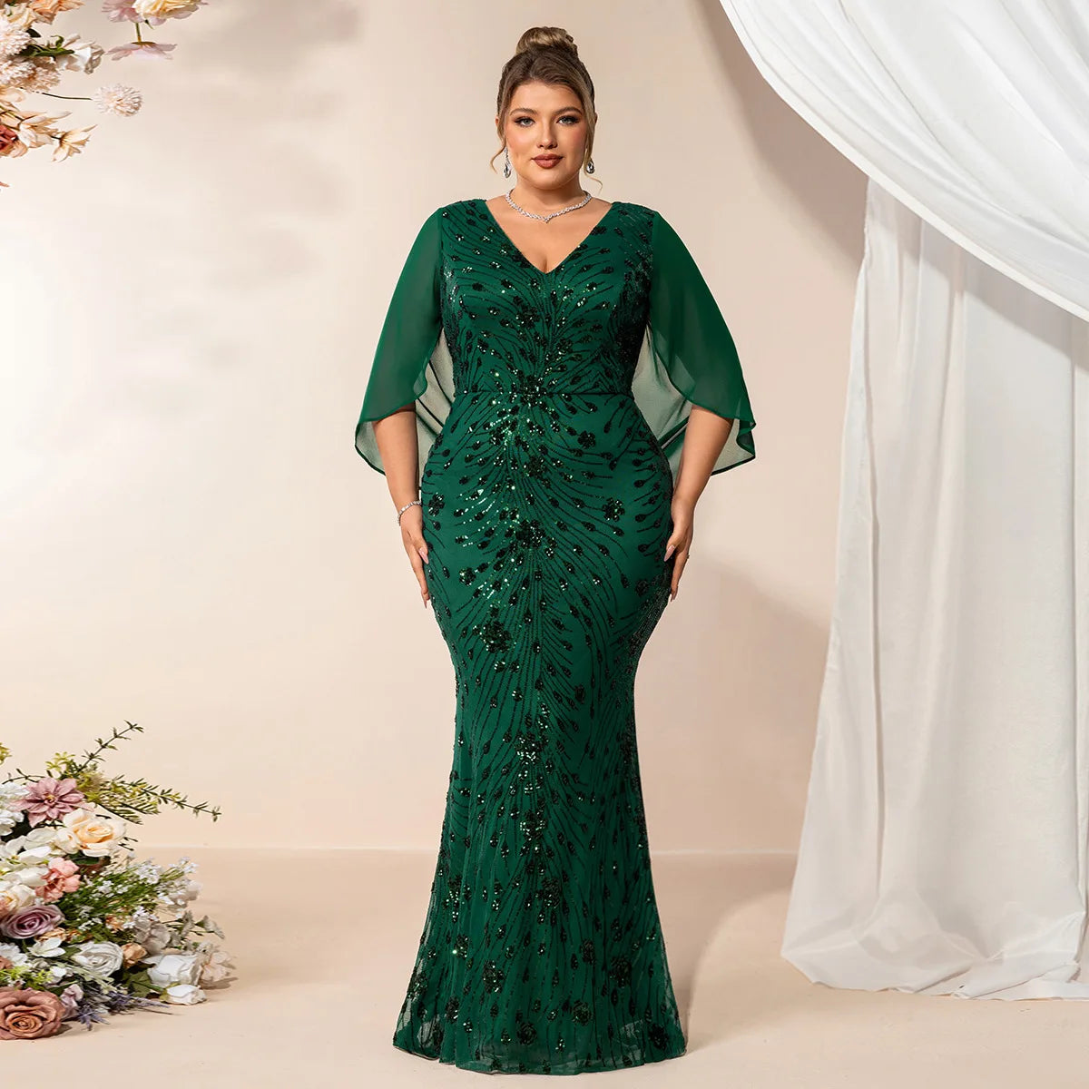 FZ Women's Plus Size Chiffon Sleeve Mermaid Sequins Evening Dress