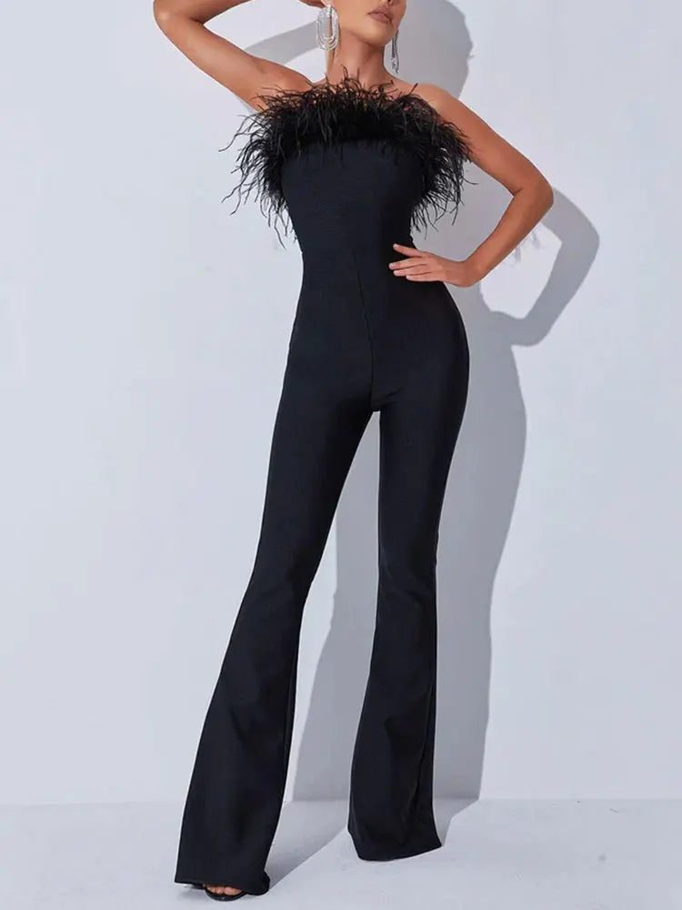 FZ Women's Strapless Sleeveless Off Shoulder Feather Jumpsuit - FZwear