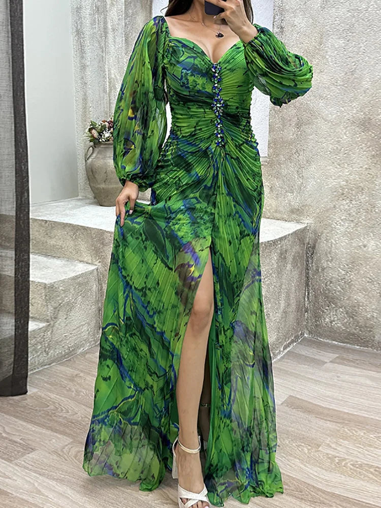 FZ Women's V Neck Full Sleeve Patchwork Folds Slim Maxi Dress